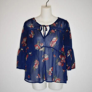 Lucky Brand Floral Babydoll Top Sz S Bell Sleeve LSheer Peasant Boho Cottagecore